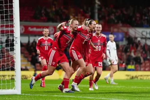 Wales' Rhiannon Roberts celebrates scoring their side's third goal. Pic: Alamy