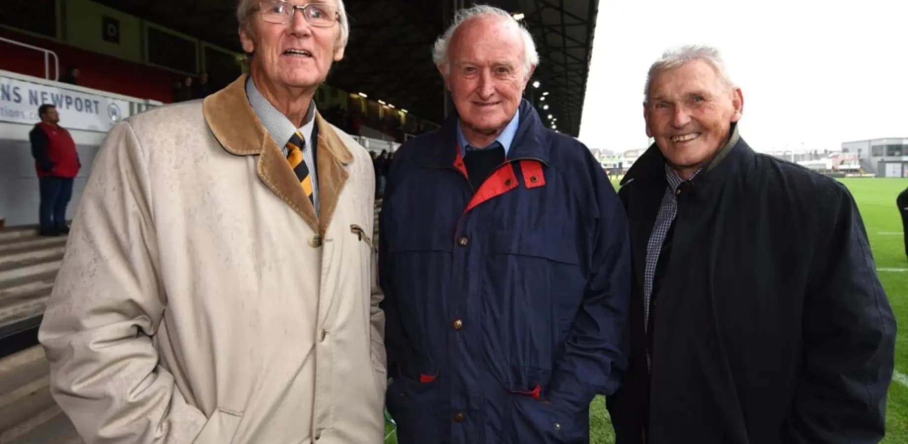 Brian Jones (right) in a reunion at Rodney Parade in 2018 with Newport clubmate Stuart Watkins (left) and 1963 All Black Ralph Caulton
