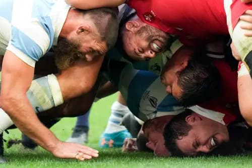 Players contest a scrum during the Rugby World Cup quarterfinal. Pic. Alamy