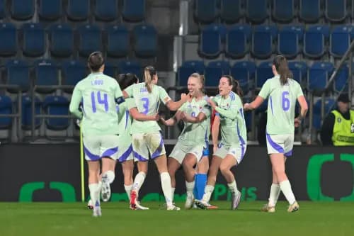 Wales players celebrate a goal during the European qualifying round group B1 for 2027 Women's Football World Championship. Pic. Alamy